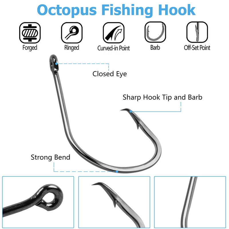Shaddock Fishing خطافات صيد دائرية للمياه المالحة، 100 قطعة من خطافات سمك السلور، خطافات الأخطبوط J، خطافات صيد من الفولاذ الكربوني العالي لصيد الأسماك في المياه العذبة المخططة (2/0 #(100 قطعة في كل عبوة)) - Image 2